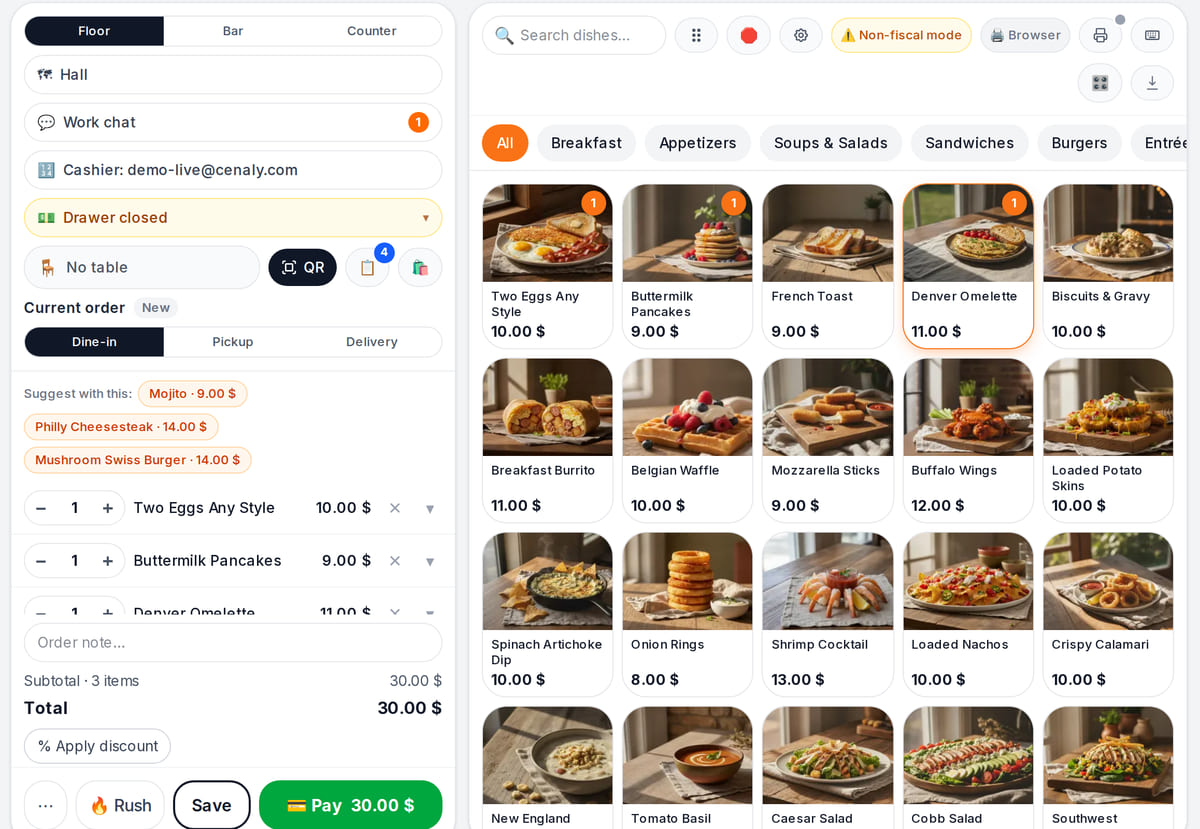 Register screen: an order with three items, menu categories with photos and a payment button