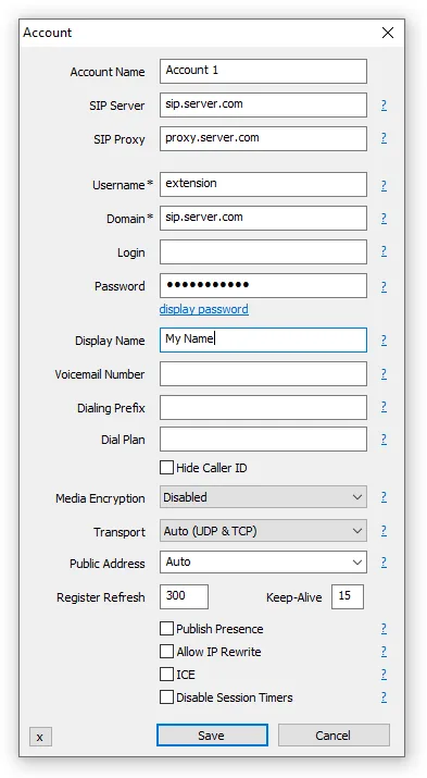 MicroSIP: окно Account — поля Account Name, SIP Server, SIP Proxy, Username, Domain, Login, Password, Transport, Keep-Alive