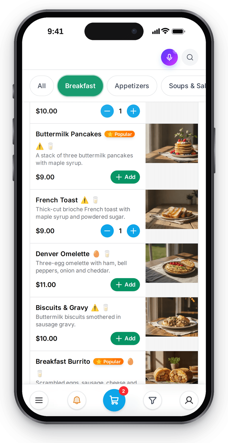 Restaurant QR menu on a guest's phone: categories, dishes with photos and prices, cart with two items