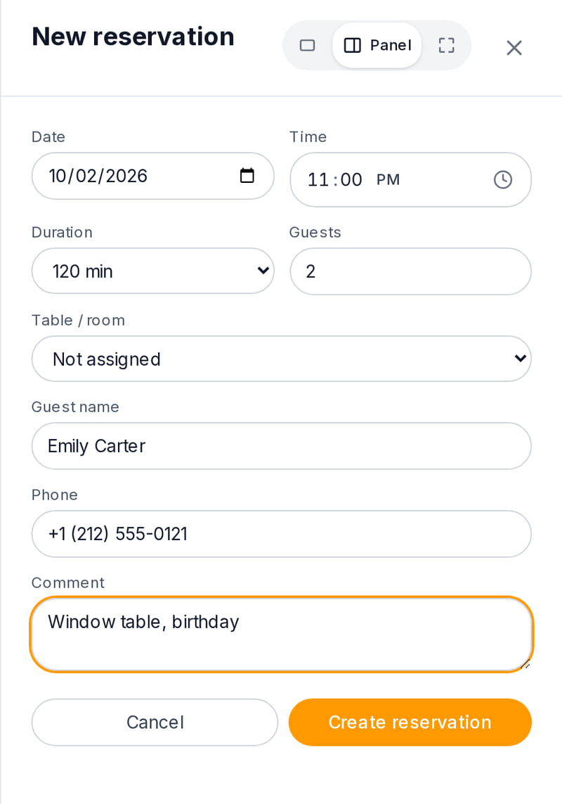 New reservation form in the dashboard: date, time, duration, party size, table, name, phone and comment