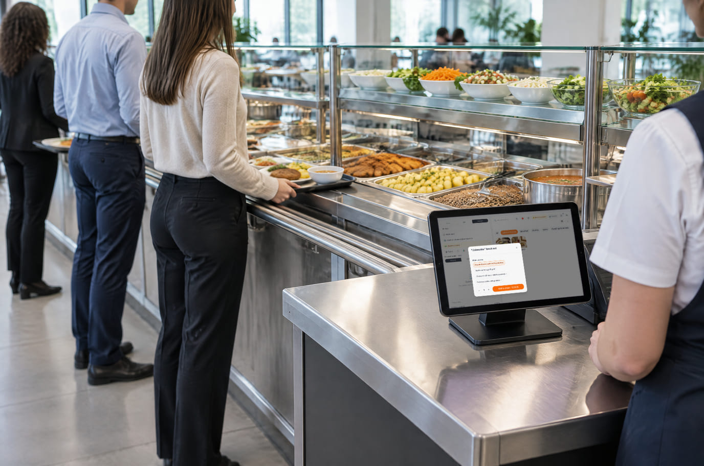 Canteen serving line: staff with trays move past hot dishes, the checkout tablet at the end shows a set-meal choice