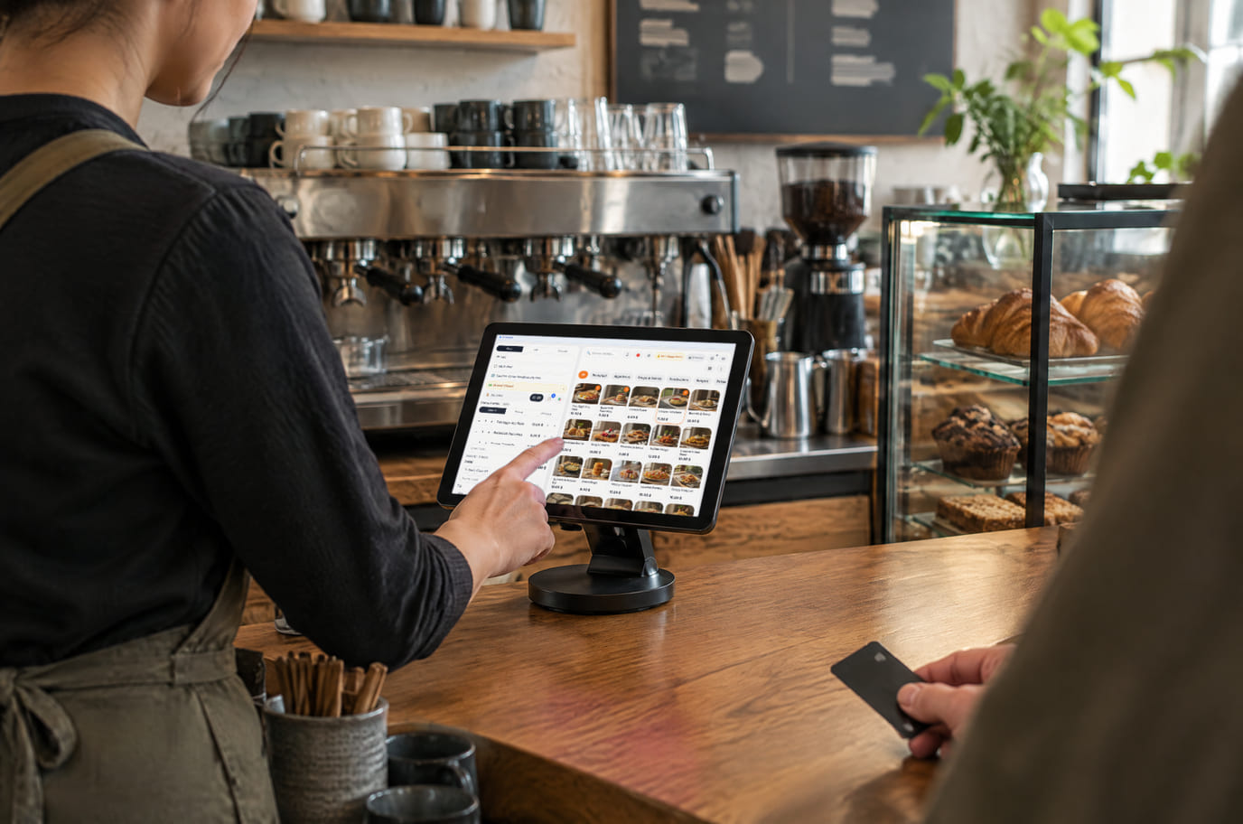 A cashier at the counter rings up an order on a tablet running Cenaly POS while the customer holds a bank card