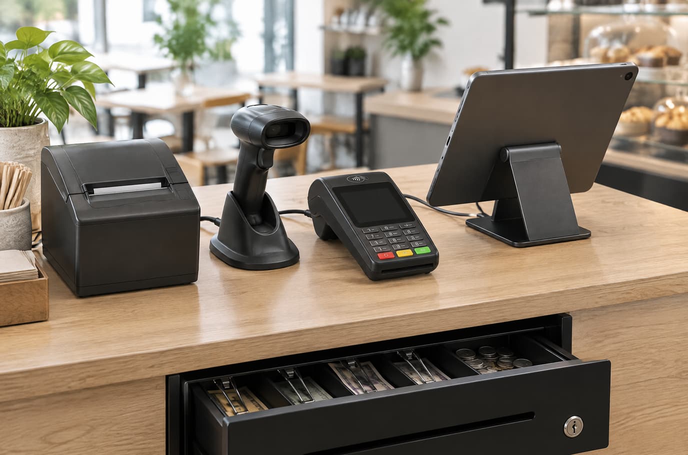 Checkout counter: a receipt printer, a barcode scanner on its stand, a card terminal and an open cash drawer