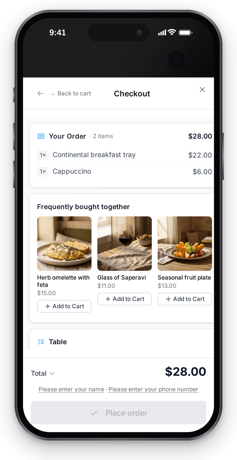 In-room order checkout on the guest's phone: order items, total and dishes often ordered together