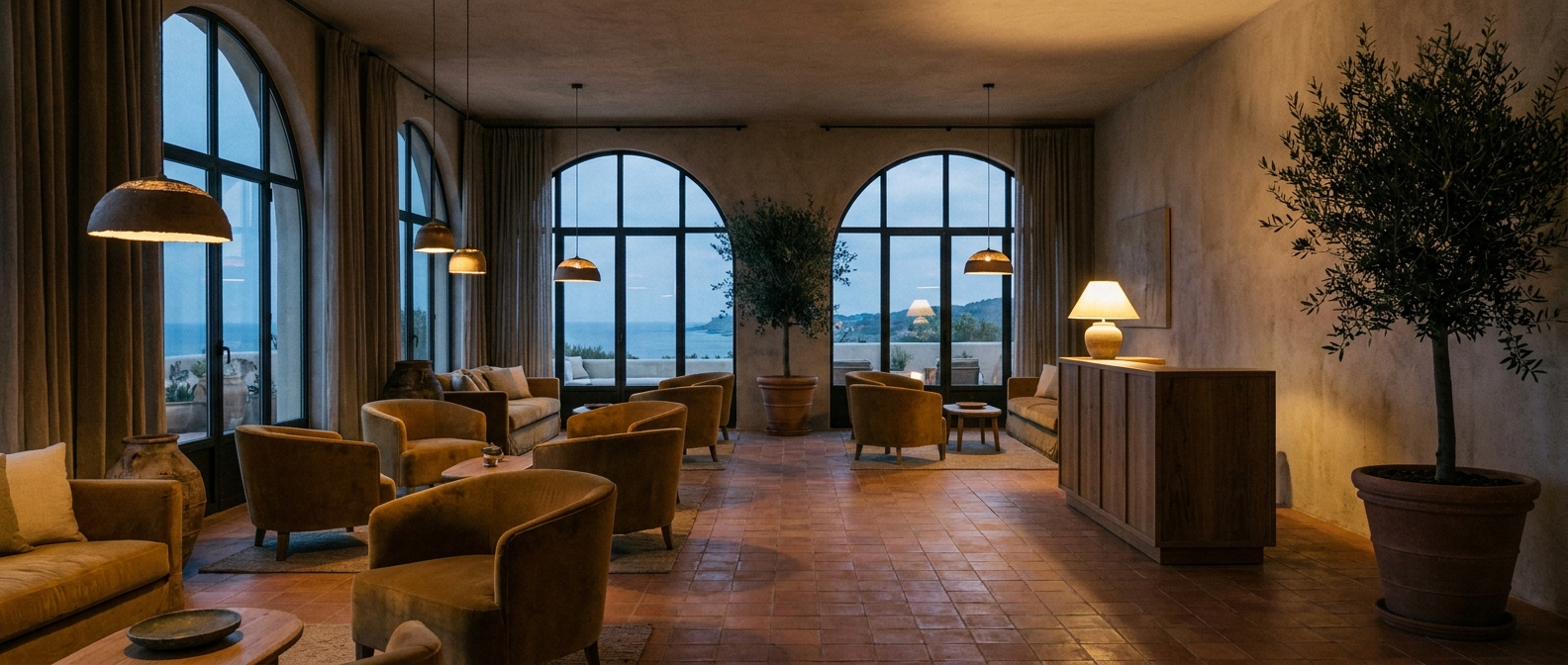 Boutique hotel lobby atmosphere at sunset