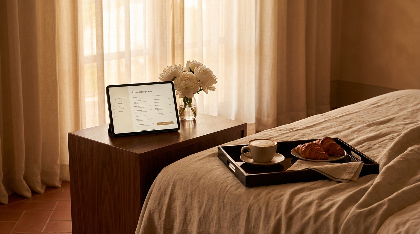 Tablet with room service menu in hotel room