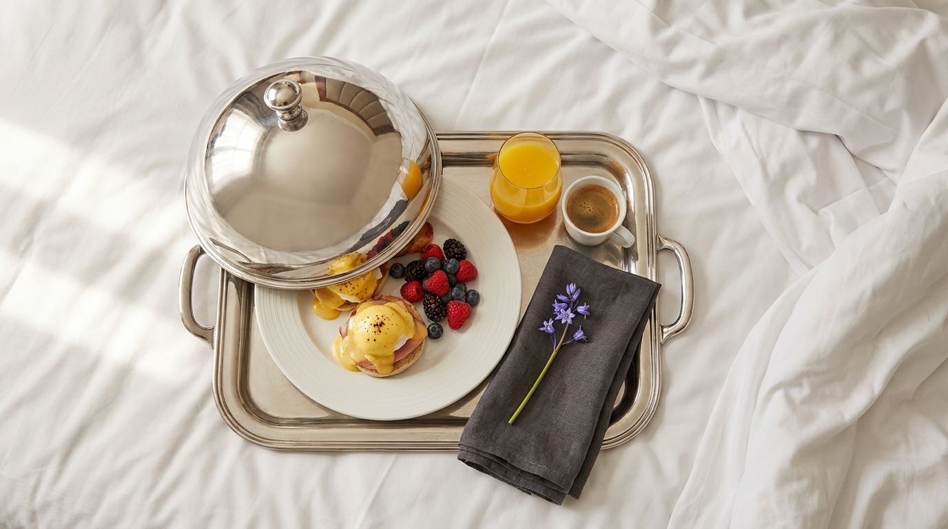 Breakfast tray on white hotel bedding