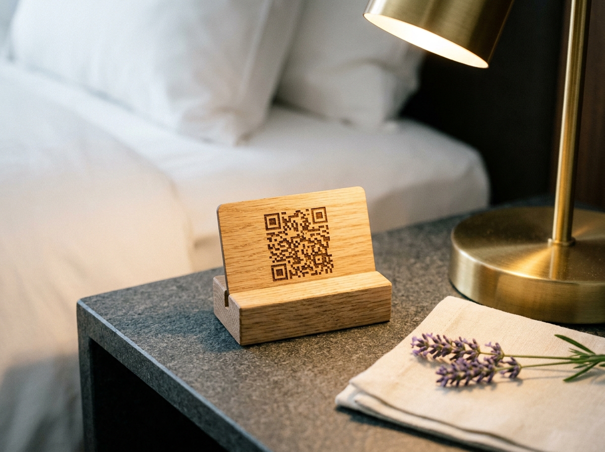 QR table card on bedside nightstand
