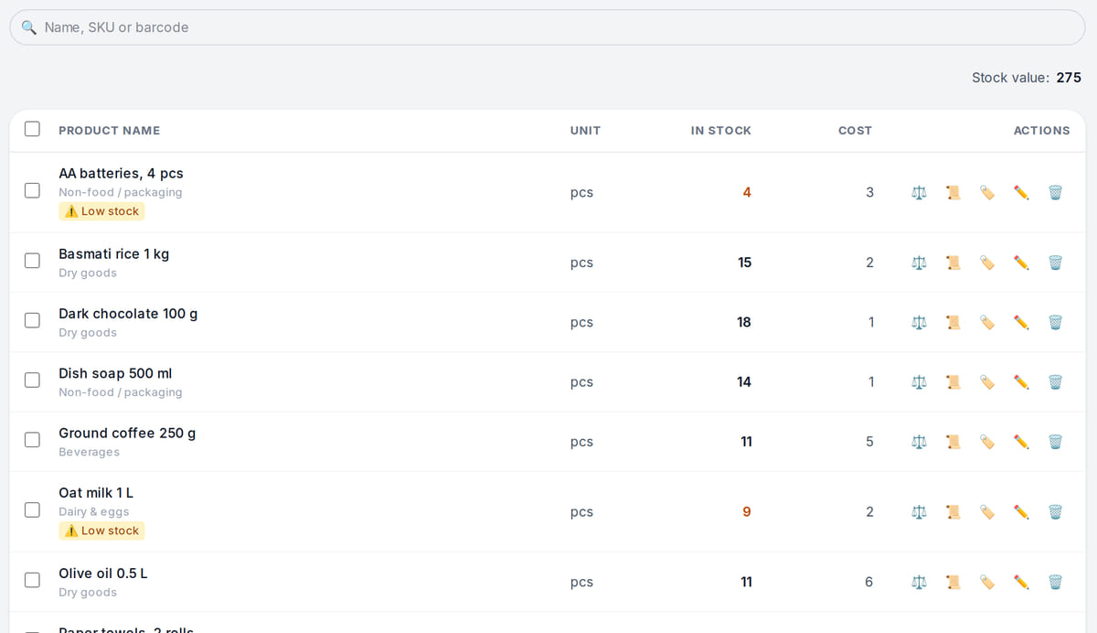 Shop stock levels: products with categories, units, quantity on hand, cost and a Low stock flag