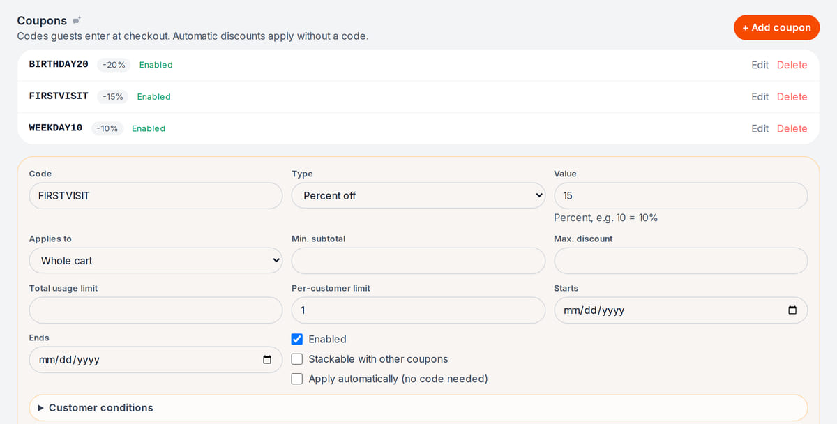 Coupons section: discount codes and a coupon form limited to one use per customer