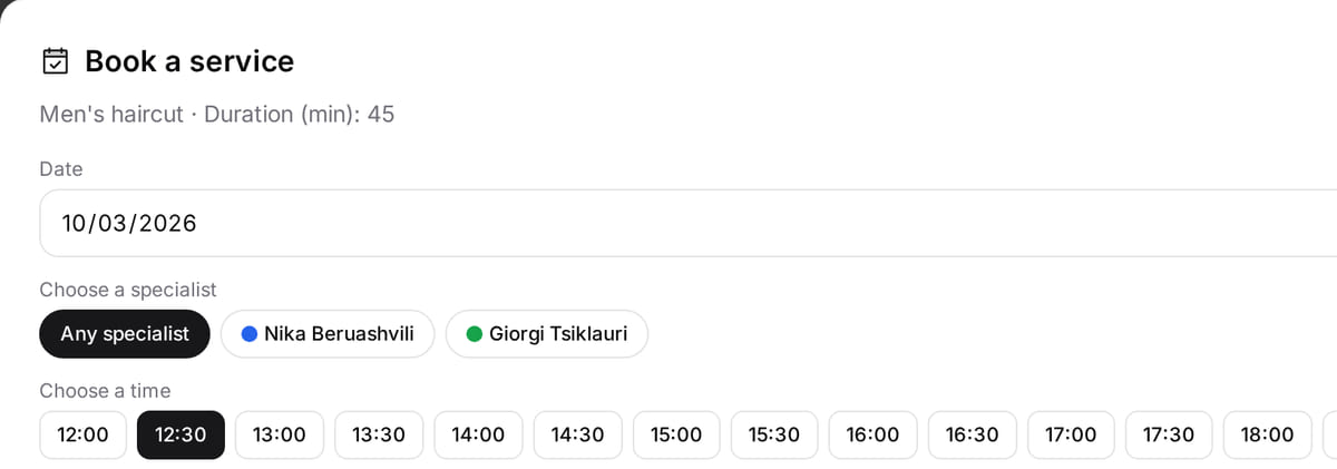 Service booking window: date, specialist choice and free times based on their schedule