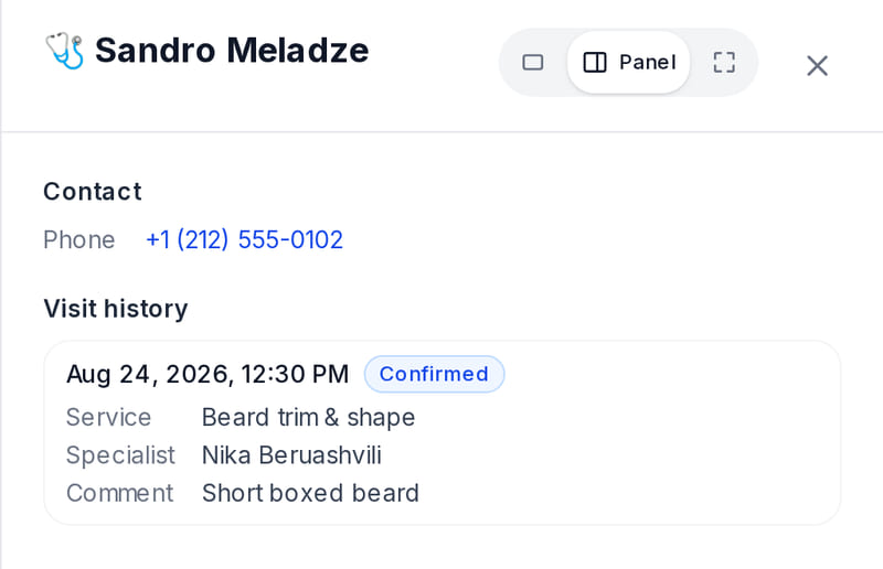 Client card: phone and visit history with service, specialist, status and comment
