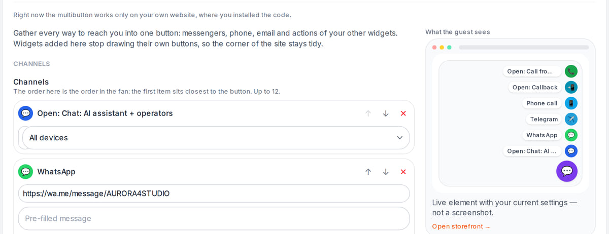 Multibutton settings in the Cenaly workspace: the ordered list of channels and a live preview of the fan