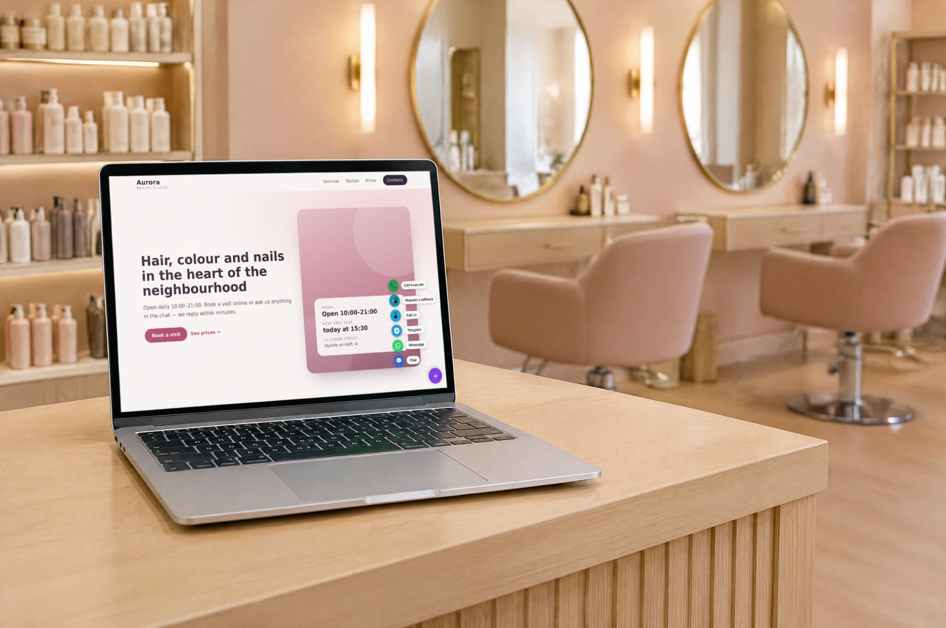 A laptop on a salon front desk showing a beauty studio website with the Cenaly widgets multibutton open in the corner