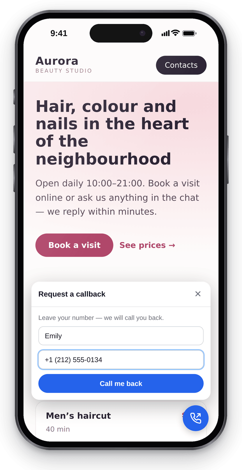 Callback form on a website on a phone: name, phone number and a Call me back button