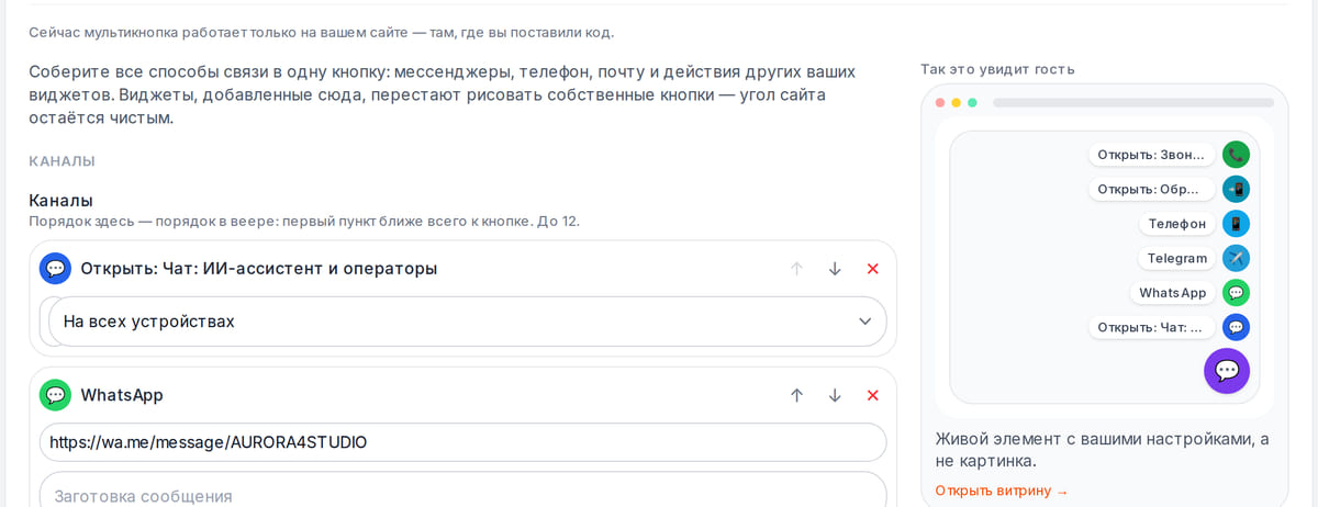Настройка мультикнопки в кабинете Cenaly: список каналов по порядку и живой предпросмотр веера
