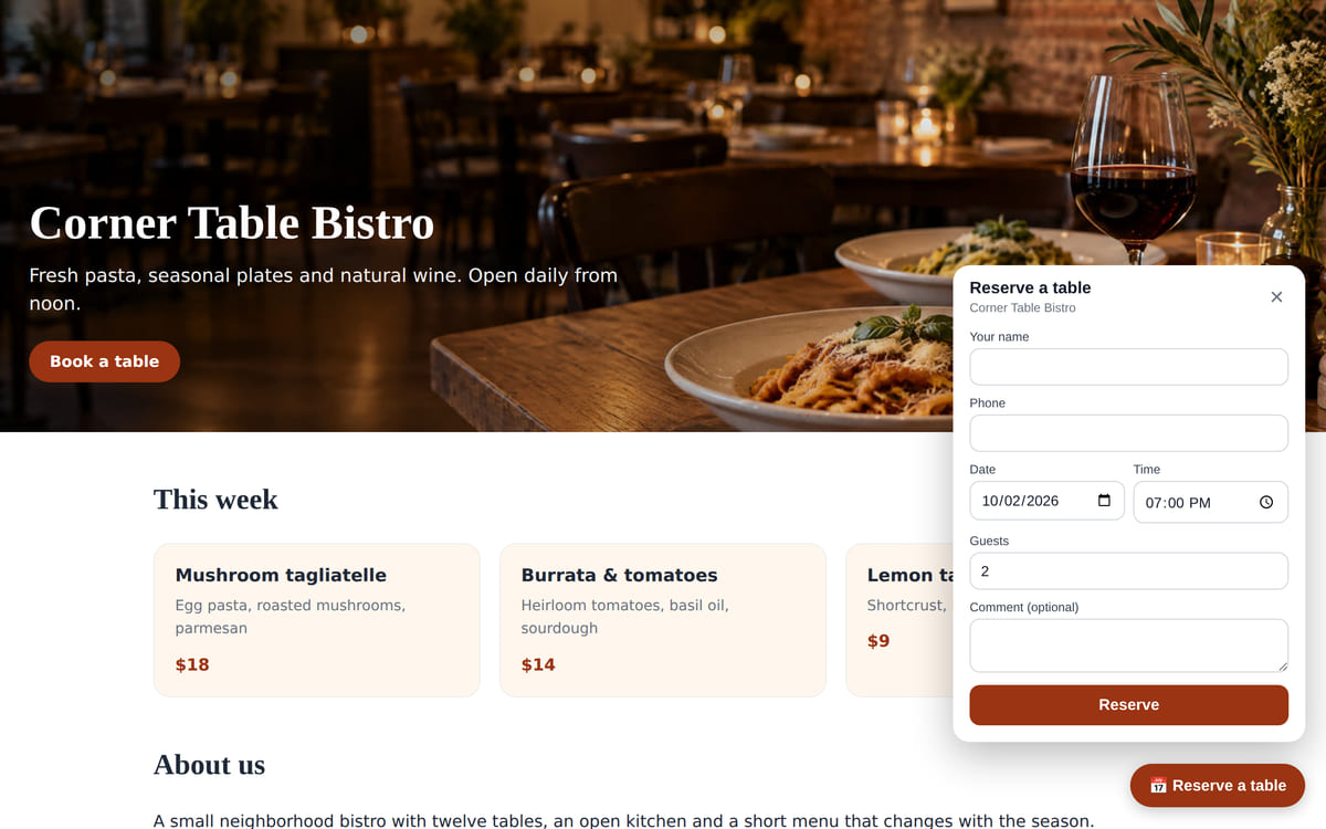 A bistro website with the table booking form open: name, phone, date, time and party size