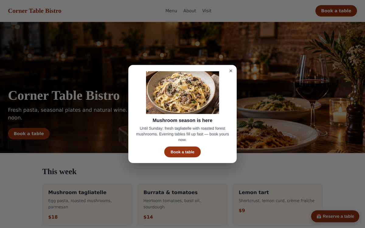 A bistro website with a promo popup: a dish photo, “Mushroom season is here” and a Book a table button