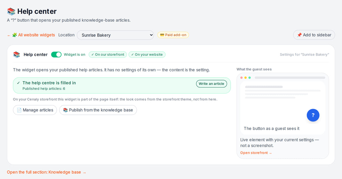 Help center settings in the dashboard: the widget is on, six articles are published, a button preview on the right