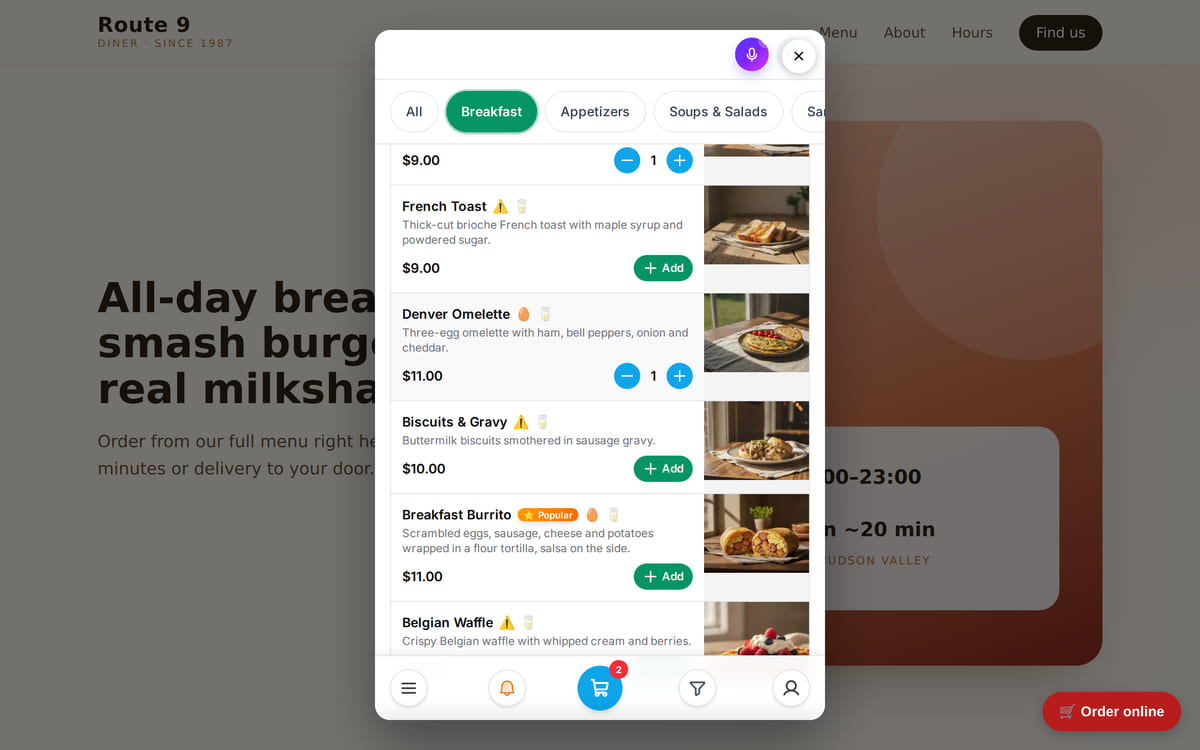 A restaurant website on a laptop: the “Order online” button opened the storefront menu over the page, with two items in the cart